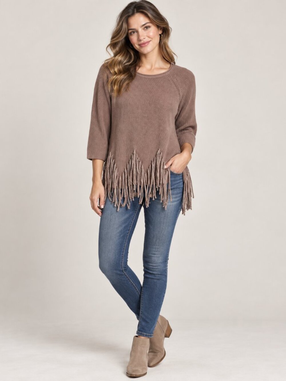 Chico’s Size 3 Taupe Metallic Fringe Tassel Knit Sweater Boho Pullover